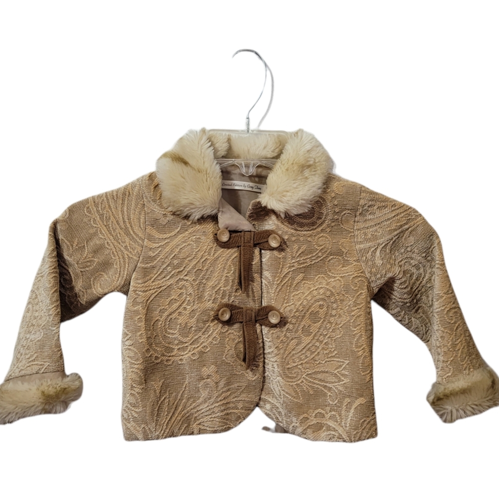 Boutique Cozy Toes Baby Girl 24 Month Fur Lined Brocade Velvet Jacket Tan Lined